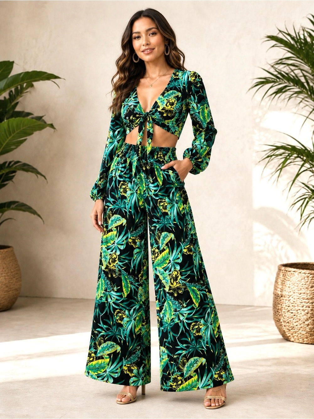 BAR III 2-Pc Set Wide Leg Pants & Top Palm Tree Resort Outfit Size XL 2XL